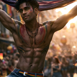 AI-generated Pride celebration art handsome men at vibrant LGBTQ+ Pride parades, embellished with rainbow colors, walking with pride, and celebrating love. By Jeff Dupler.