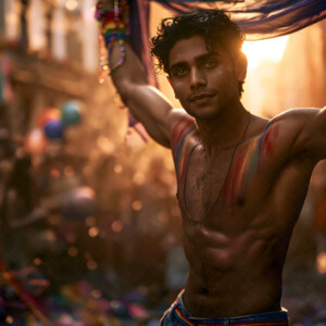 AI-generated Pride celebration art handsome men at vibrant LGBTQ+ Pride parades, embellished with rainbow colors, walking with pride, and celebrating love. By Jeff Dupler.