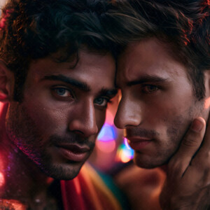AI-generated Pride celebration art handsome men at vibrant LGBTQ+ Pride parades, embellished with rainbow colors, walking with pride, and celebrating love. By Jeff Dupler.