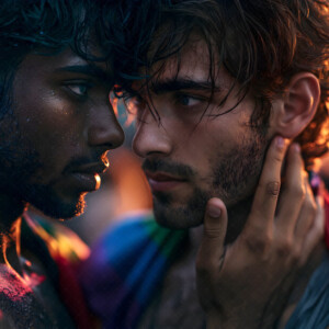 AI-generated Pride celebration art handsome men at vibrant LGBTQ+ Pride parades, embellished with rainbow colors, walking with pride, and celebrating love. By Jeff Dupler.