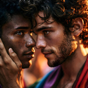 AI-generated Pride celebration art handsome men at vibrant LGBTQ+ Pride parades, embellished with rainbow colors, walking with pride, and celebrating love. By Jeff Dupler.