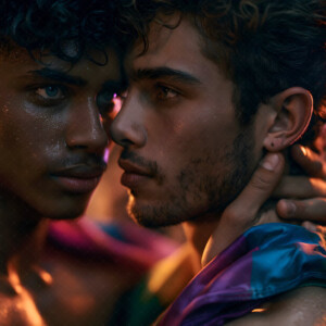 AI-generated Pride celebration art handsome men at vibrant LGBTQ+ Pride parades, embellished with rainbow colors, walking with pride, and celebrating love. By Jeff Dupler.
