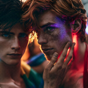 AI-generated Pride celebration art handsome men at vibrant LGBTQ+ Pride parades, embellished with rainbow colors, walking with pride, and celebrating love. By Jeff Dupler.