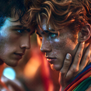 AI-generated Pride celebration art handsome men at vibrant LGBTQ+ Pride parades, embellished with rainbow colors, walking with pride, and celebrating love. By Jeff Dupler.