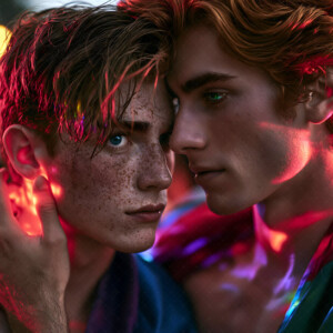 AI-generated Pride celebration art handsome men at vibrant LGBTQ+ Pride parades, embellished with rainbow colors, walking with pride, and celebrating love. By Jeff Dupler.