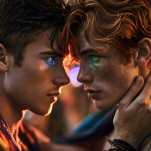 AI-generated Pride celebration art handsome men at vibrant LGBTQ+ Pride parades, embellished with rainbow colors, walking with pride, and celebrating love. By Jeff Dupler.