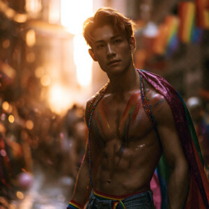 AI-generated Pride celebration art handsome men at vibrant LGBTQ+ Pride parades, embellished with rainbow colors, walking with pride, and celebrating love. By Jeff Dupler.