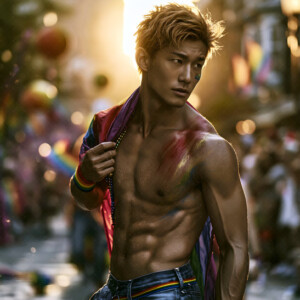 AI-generated Pride celebration art handsome men at vibrant LGBTQ+ Pride parades, embellished with rainbow colors, walking with pride, and celebrating love. By Jeff Dupler.