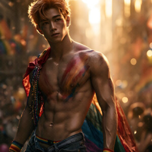 AI-generated Pride celebration art handsome men at vibrant LGBTQ+ Pride parades, embellished with rainbow colors, walking with pride, and celebrating love. By Jeff Dupler.