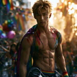 AI-generated Pride celebration art handsome men at vibrant LGBTQ+ Pride parades, embellished with rainbow colors, walking with pride, and celebrating love. By Jeff Dupler.