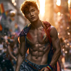 AI-generated Pride celebration art handsome men at vibrant LGBTQ+ Pride parades, embellished with rainbow colors, walking with pride, and celebrating love. By Jeff Dupler.