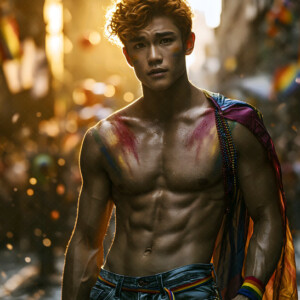 AI-generated Pride celebration art handsome men at vibrant LGBTQ+ Pride parades, embellished with rainbow colors, walking with pride, and celebrating love. By Jeff Dupler.