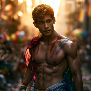AI-generated Pride celebration art handsome men at vibrant LGBTQ+ Pride parades, embellished with rainbow colors, walking with pride, and celebrating love. By Jeff Dupler.