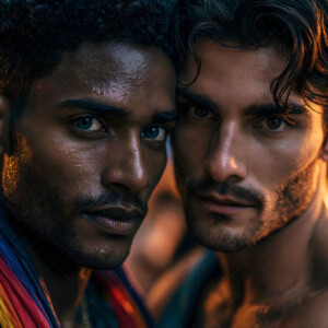AI-generated Pride celebration art handsome men at vibrant LGBTQ+ Pride parades, embellished with rainbow colors, walking with pride, and celebrating love. By Jeff Dupler.