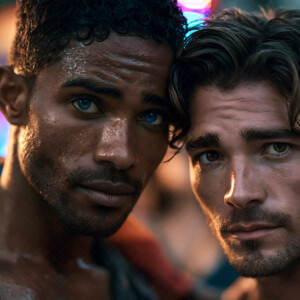 AI-generated Pride celebration art handsome men at vibrant LGBTQ+ Pride parades, embellished with rainbow colors, walking with pride, and celebrating love. By Jeff Dupler.