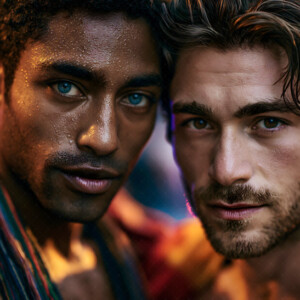 AI-generated Pride celebration art handsome men at vibrant LGBTQ+ Pride parades, embellished with rainbow colors, walking with pride, and celebrating love. By Jeff Dupler.