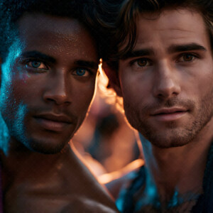 AI-generated Pride celebration art handsome men at vibrant LGBTQ+ Pride parades, embellished with rainbow colors, walking with pride, and celebrating love. By Jeff Dupler.