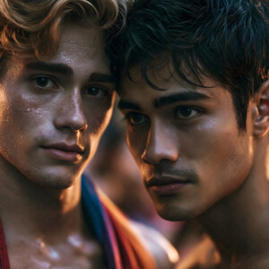 AI-generated Pride celebration art handsome men at vibrant LGBTQ+ Pride parades, embellished with rainbow colors, walking with pride, and celebrating love. By Jeff Dupler.