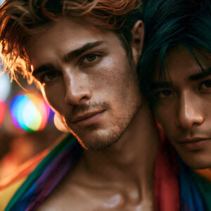 AI-generated Pride celebration art handsome men at vibrant LGBTQ+ Pride parades, embellished with rainbow colors, walking with pride, and celebrating love. By Jeff Dupler.