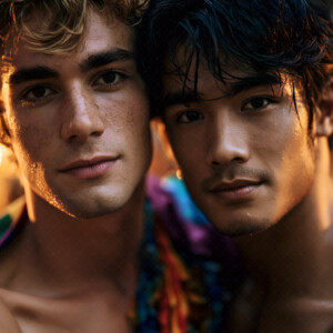 AI-generated Pride celebration art handsome men at vibrant LGBTQ+ Pride parades, embellished with rainbow colors, walking with pride, and celebrating love. By Jeff Dupler.
