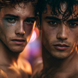 AI-generated Pride celebration art handsome men at vibrant LGBTQ+ Pride parades, embellished with rainbow colors, walking with pride, and celebrating love. By Jeff Dupler.