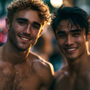 AI-generated Pride celebration art handsome men at vibrant LGBTQ+ Pride parades, embellished with rainbow colors, walking with pride, and celebrating love. By Jeff Dupler.