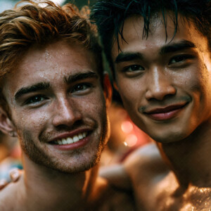 AI-generated Pride celebration art handsome men at vibrant LGBTQ+ Pride parades, embellished with rainbow colors, walking with pride, and celebrating love. By Jeff Dupler.