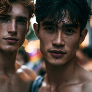 AI-generated Pride celebration art handsome men at vibrant LGBTQ+ Pride parades, embellished with rainbow colors, walking with pride, and celebrating love. By Jeff Dupler.
