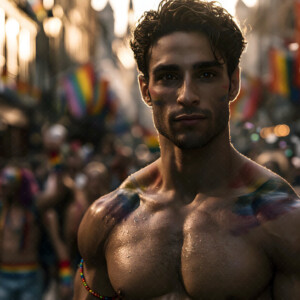 AI-generated Pride celebration art handsome men at vibrant LGBTQ+ Pride parades, embellished with rainbow colors, walking with pride, and celebrating love. By Jeff Dupler.