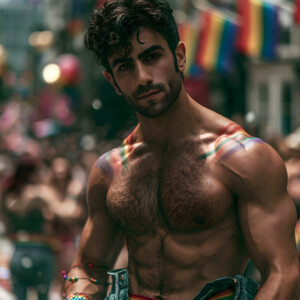AI-generated Pride celebration art handsome men at vibrant LGBTQ+ Pride parades, embellished with rainbow colors, walking with pride, and celebrating love. By Jeff Dupler.
