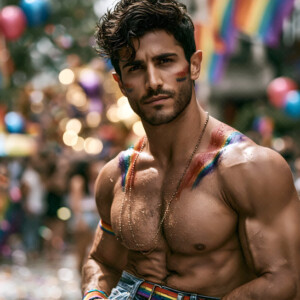 AI-generated Pride celebration art handsome men at vibrant LGBTQ+ Pride parades, embellished with rainbow colors, walking with pride, and celebrating love. By Jeff Dupler.