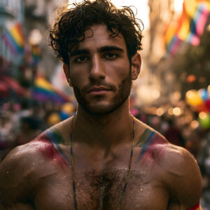 AI-generated Pride celebration art handsome men at vibrant LGBTQ+ Pride parades, embellished with rainbow colors, walking with pride, and celebrating love. By Jeff Dupler.