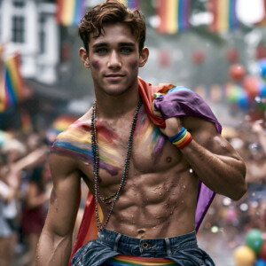AI-generated Pride celebration art handsome men at vibrant LGBTQ+ Pride parades, embellished with rainbow colors, walking with pride, and celebrating love. By Jeff Dupler.