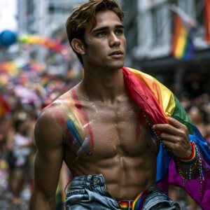 AI-generated Pride celebration art handsome men at vibrant LGBTQ+ Pride parades, embellished with rainbow colors, walking with pride, and celebrating love. By Jeff Dupler.