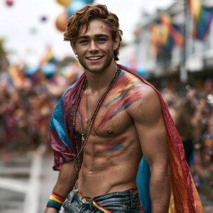 AI-generated Pride celebration art handsome men at vibrant LGBTQ+ Pride parades, embellished with rainbow colors, walking with pride, and celebrating love. By Jeff Dupler.