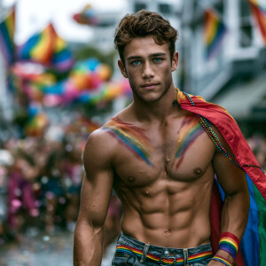 AI-generated Pride celebration art handsome men at vibrant LGBTQ+ Pride parades, embellished with rainbow colors, walking with pride, and celebrating love. By Jeff Dupler.