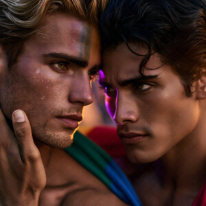 AI-generated Pride celebration art handsome men at vibrant LGBTQ+ Pride parades, embellished with rainbow colors, walking with pride, and celebrating love. By Jeff Dupler.