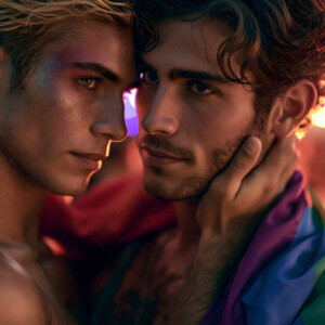 AI-generated Pride celebration art handsome men at vibrant LGBTQ+ Pride parades, embellished with rainbow colors, walking with pride, and celebrating love. By Jeff Dupler.