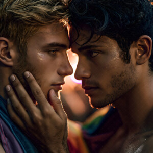 AI-generated Pride celebration art handsome men at vibrant LGBTQ+ Pride parades, embellished with rainbow colors, walking with pride, and celebrating love. By Jeff Dupler.