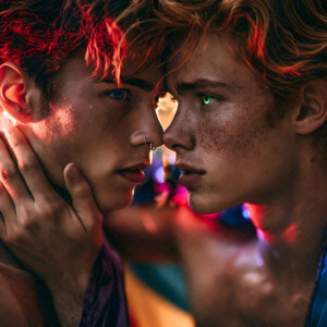 AI-generated Pride celebration art handsome men at vibrant LGBTQ+ Pride parades, embellished with rainbow colors, walking with pride, and celebrating love. By Jeff Dupler.