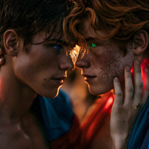 AI-generated Pride celebration art handsome men at vibrant LGBTQ+ Pride parades, embellished with rainbow colors, walking with pride, and celebrating love. By Jeff Dupler.