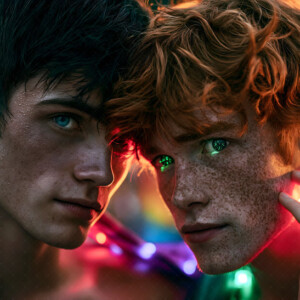 AI-generated Pride celebration art handsome men at vibrant LGBTQ+ Pride parades, embellished with rainbow colors, walking with pride, and celebrating love. By Jeff Dupler.