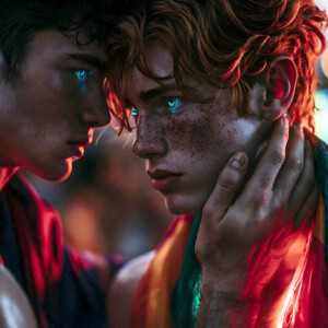 AI-generated Pride celebration art handsome men at vibrant LGBTQ+ Pride parades, embellished with rainbow colors, walking with pride, and celebrating love. By Jeff Dupler.