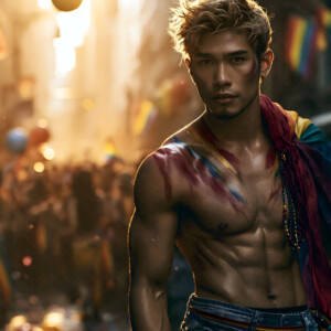 AI-generated Pride celebration art handsome men at vibrant LGBTQ+ Pride parades, embellished with rainbow colors, walking with pride, and celebrating love. By Jeff Dupler.
