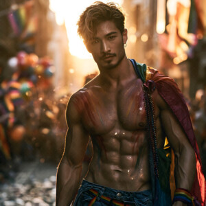 AI-generated Pride celebration art handsome men at vibrant LGBTQ+ Pride parades, embellished with rainbow colors, walking with pride, and celebrating love. By Jeff Dupler.