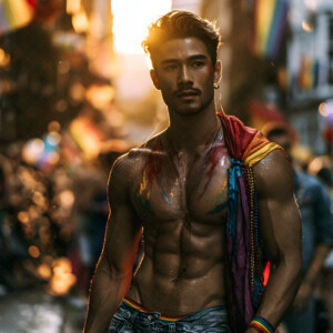 AI-generated Pride celebration art handsome men at vibrant LGBTQ+ Pride parades, embellished with rainbow colors, walking with pride, and celebrating love. By Jeff Dupler.