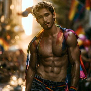 AI-generated Pride celebration art handsome men at vibrant LGBTQ+ Pride parades, embellished with rainbow colors, walking with pride, and celebrating love. By Jeff Dupler.