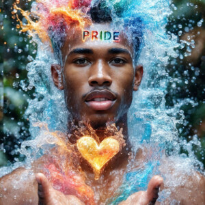 AI-generated Pride celebration art — handsome men at vibrant LGBTQ+ Pride parades, embellished with rainbow colors, walking with pride, and celebrating love. By Jeff Dupler.