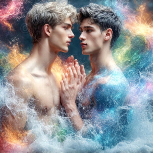 AI-generated Pride celebration art — handsome men at vibrant LGBTQ+ Pride parades, embellished with rainbow colors, walking with pride, and celebrating love. By Jeff Dupler.