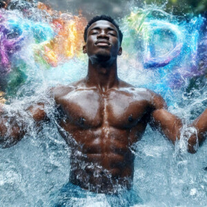 AI-generated Pride celebration art — handsome men at vibrant LGBTQ+ Pride parades, embellished with rainbow colors, walking with pride, and celebrating love. By Jeff Dupler.
